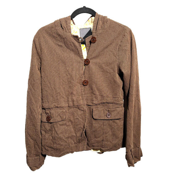 Y2K Volcom Brown Button Up Jacket Hooded Seersucker Striped Skater Cotton M Boho - Picture 1 of 7
